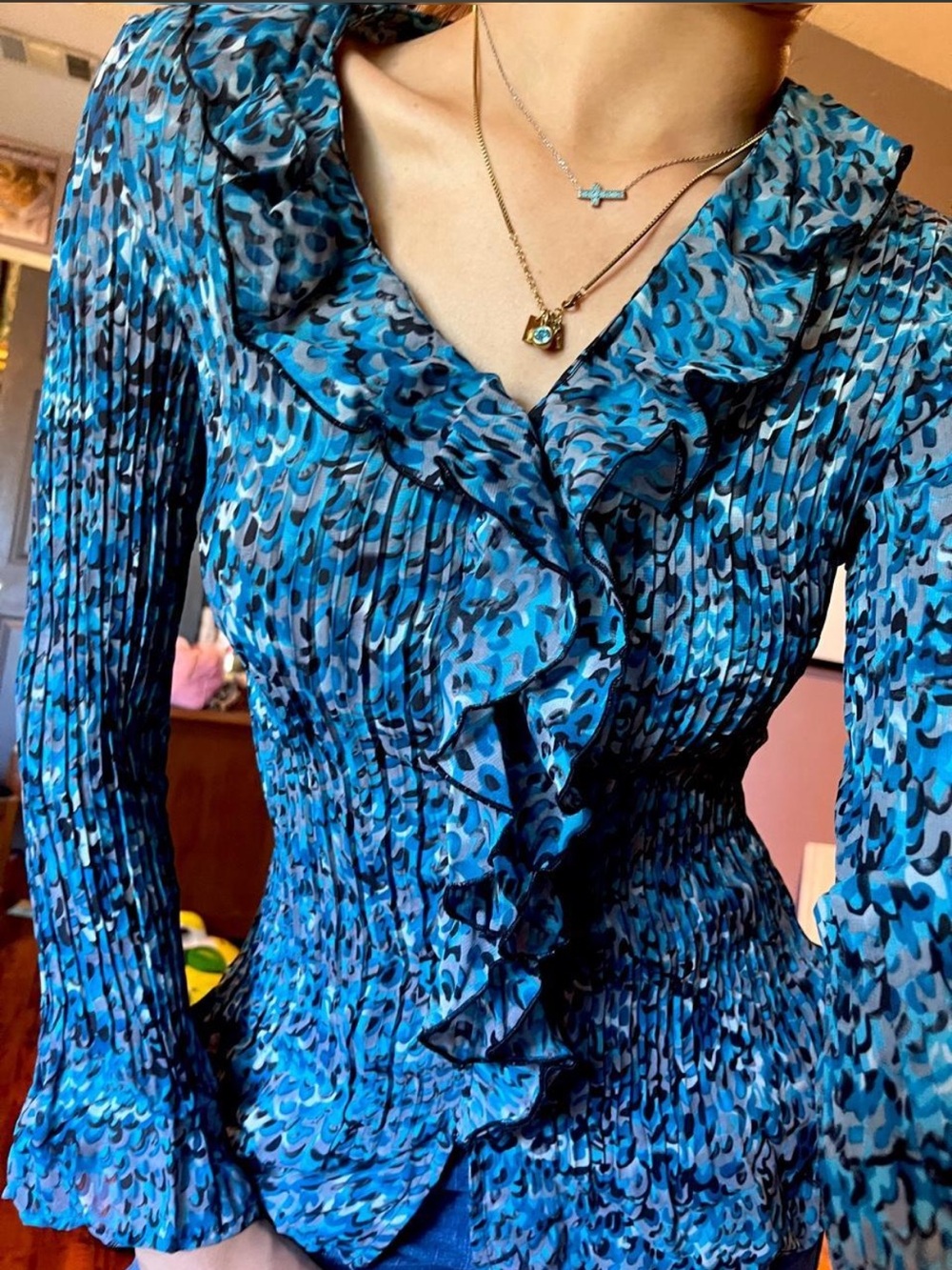 Blue Ruffle-Front Women's Blouse